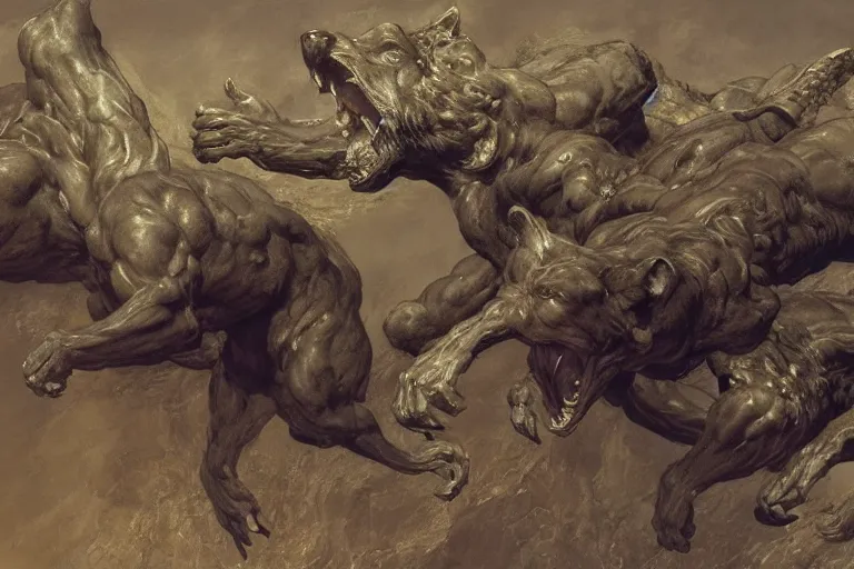 Image similar to hyperdetailed matte art of cerberus by william blake, ilya repin, amano, rene magritte, craig mullins