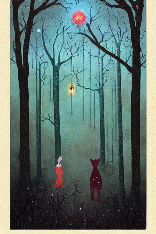 Prompt: tarot card, haunted woods, by andy kehoe