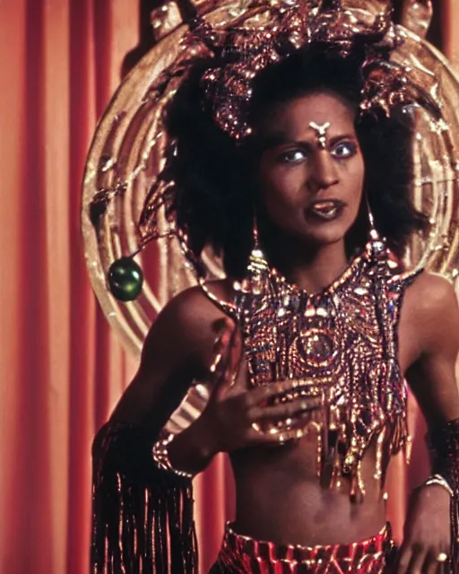 Prompt: the image is a lost hollywood film still 1 9 8 0 s photograph of a guardian priestess goddess black woman with dark brown skin, long, swirling black hair, and jade colored eyes, dancing in a ballroom in a ballgown. vibrant cinematography, anamorphic lenses, crisp, detailed image in 4 k resolution.