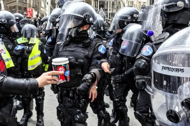 Image similar to beast boy giving a pepsi to riot police and stopping a protest, pepsi ad