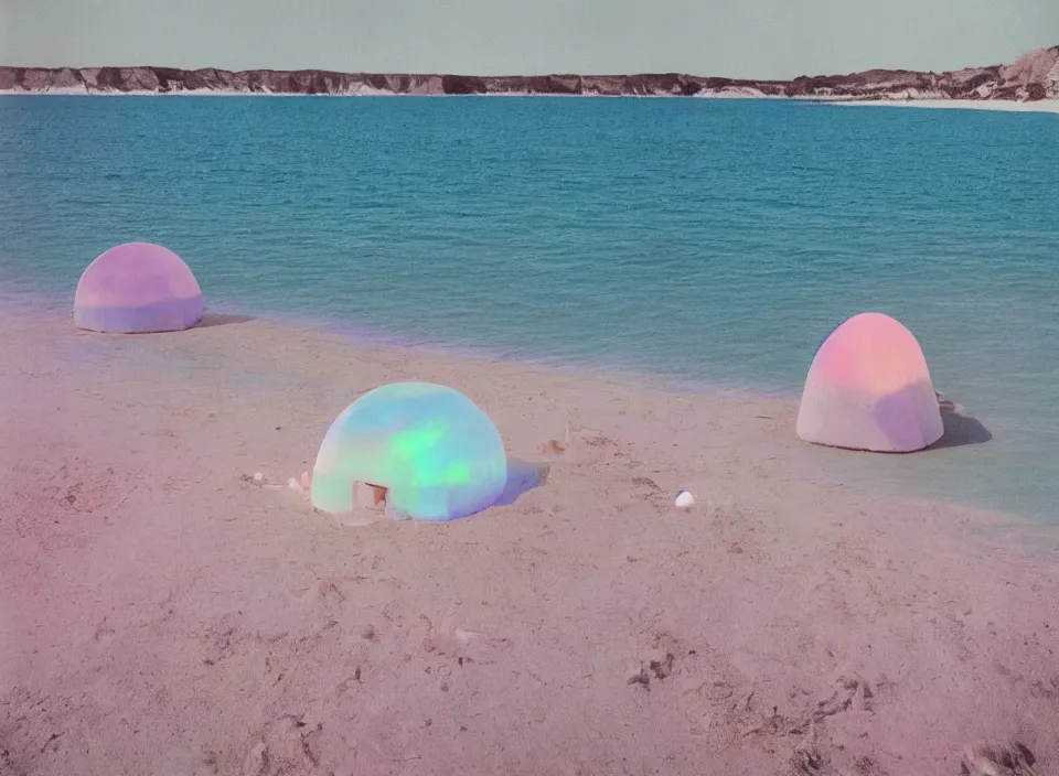 Image similar to a pastel coloured vintage family holiday photo of an empty beach from an alien dreamstate world with chalky pink iridescent!! sand, reflective lavender ocean water, dim bioluminescent plant life and an igloo shaped plastic transparent restaurant including clutter opposite a pit with an iridescent blue flame flickering. glare. refraction, volumetric light.