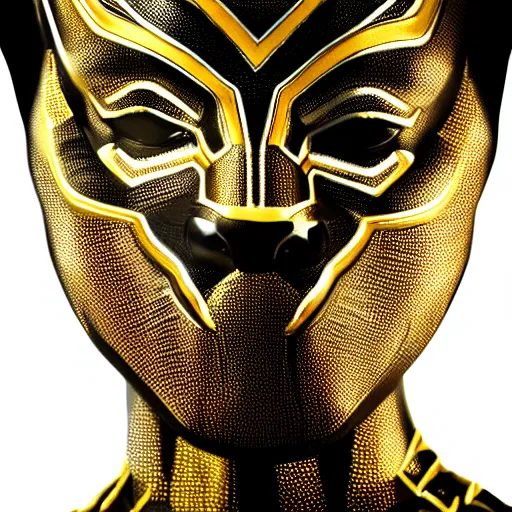 Image similar to a close up photo of a detailed golden statue of Black Panther, 8K,