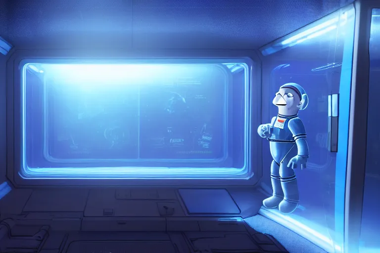 Prompt: ralph wiggum head trapped inside a large transparent science fiction mass effect glass containment chamber filled with blue liquid in a furnished science fiction spaceship laboratory, dramatic lighting, octane, red led lights, lens flare, trending on artstation, mist, volumetric lighting