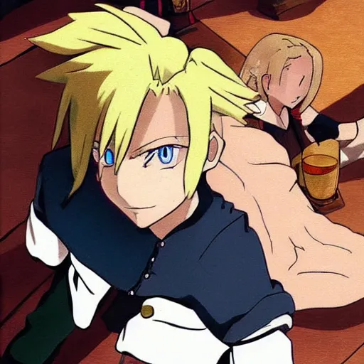 Image similar to young blonde boy fantasy thief in a tavern, full metal alchemist, anime style