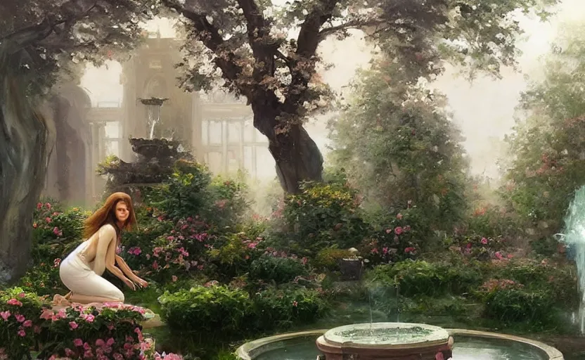 Image similar to The kneeling statue of a woman in a beautiful garden, next to a fountain and a mystical palace, and all this in a foggy and mysterious atmosphere. Fantasy and concept art by Konstantin Razumov.