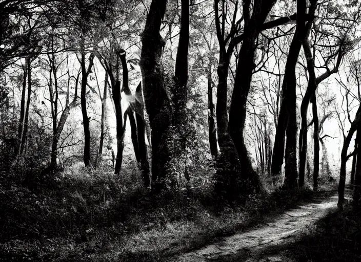 Prompt: forest path, ancient trees, shrew - silhouettes, shadowed, overgrown, hiding - treasure - hiding, serene evening atmosphere, color noir