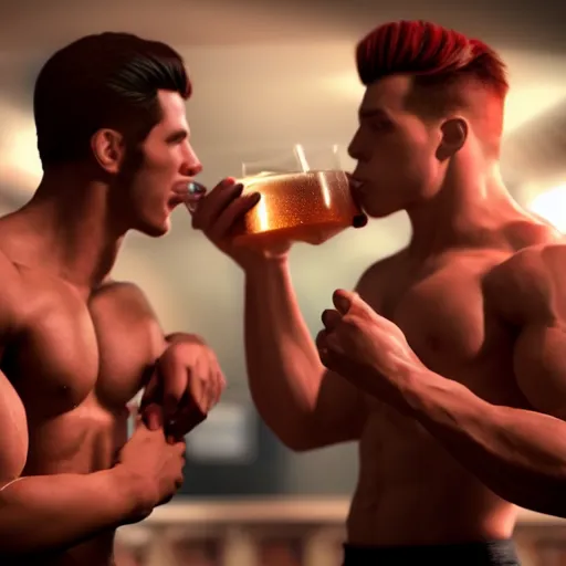 Image similar to cinematic scene with attractive muscular male and another attractive muscular male, drinking their hearts out, in the pub, very detailed, volumetric lighting, still frame