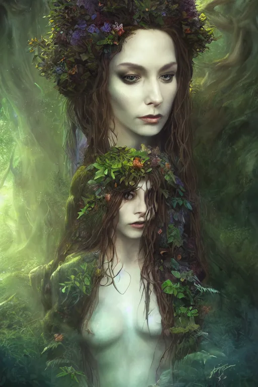 Prompt: portrait of a dryad, fantasy painting, dryad priestess inspired by brian froud, inspired by dungeons and dragons, mysterious, in an evening autumn forest, trending on art station, sunset evening lighting, ominous shadows by jessica rossier