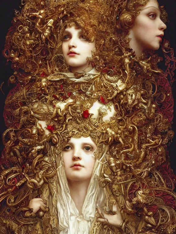 Image similar to a beautiful render of baroque catholic veiled between the red queen and the white queen,sculpture with symmetry intricate detailed,by Lawrence Alma-Tadema, peter gric,aaron horkey,Billelis,trending on pinterest,hyperreal,jewelry,gold,intricate,maximalist,glittering,golden ratio,cinematic lighting