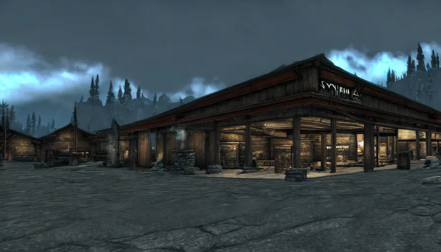 Image similar to skyrim screenshot of a blue modern walmart supercenter in the middle of the whiterun cloud district, shopping building, bokeh, 4 k, promotional photograph, enb, godrays, ultra render, anti - aliasing, post - processing