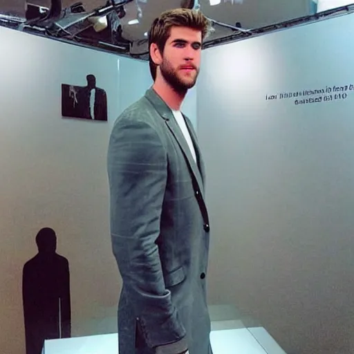 Image similar to “ a realistic detailed photo of a guy who is an attractive humanoid who is half robot and half humanoid, who is a male android, actor liam hemsworth, shiny skin, posing like a statue, blank stare, at the museum, on display ”