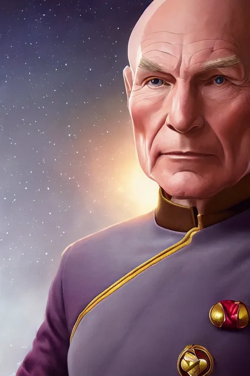Prompt: portrait photograph of captain picard as a glorious regal space king, sleek outfit, upper body, fantasy, handsome, depth of field, soft focus, highly detailed, intricate, realistic, national geographic cover, soft glow, textured, artstation, concept art, sharp focus, illustration, art by artgerm and greg rutkowski and alphonse mucha