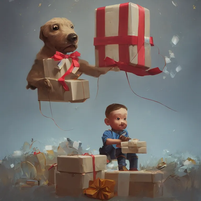 Prompt: a cute boy with a giftbox with bow and ribbon in a painting from stalenhag, 4 k, 8 k, hdr, artstation, concept art