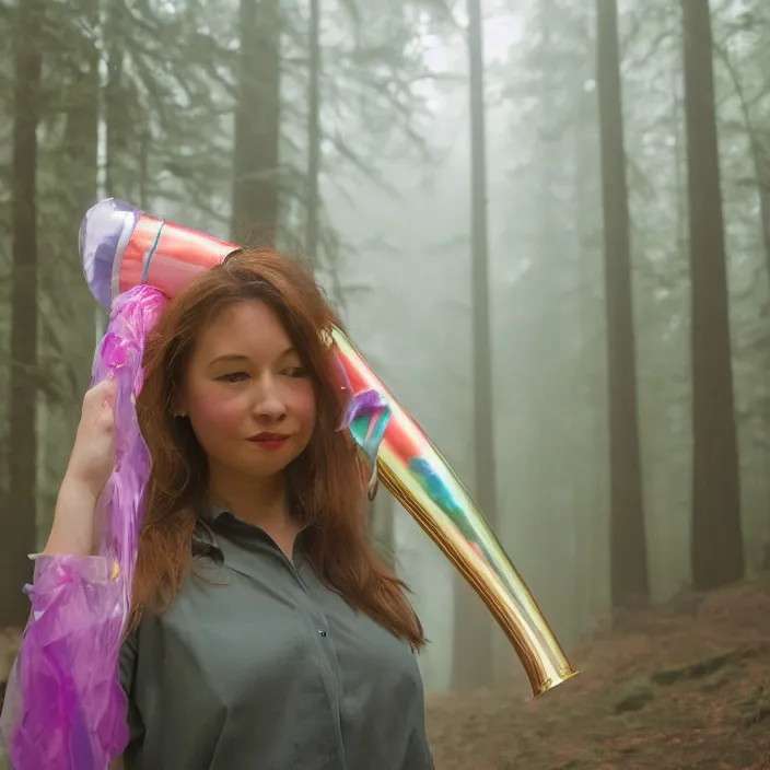 Prompt: a color photograph, closeup portrait of a woman wrapped in plastic, holding a unicorn horn, in a foggy redwood forest, color photograph, by vincent desiderio, canon eos c 3 0 0, ƒ 1. 8, 3 5 mm, 8 k, medium - format print