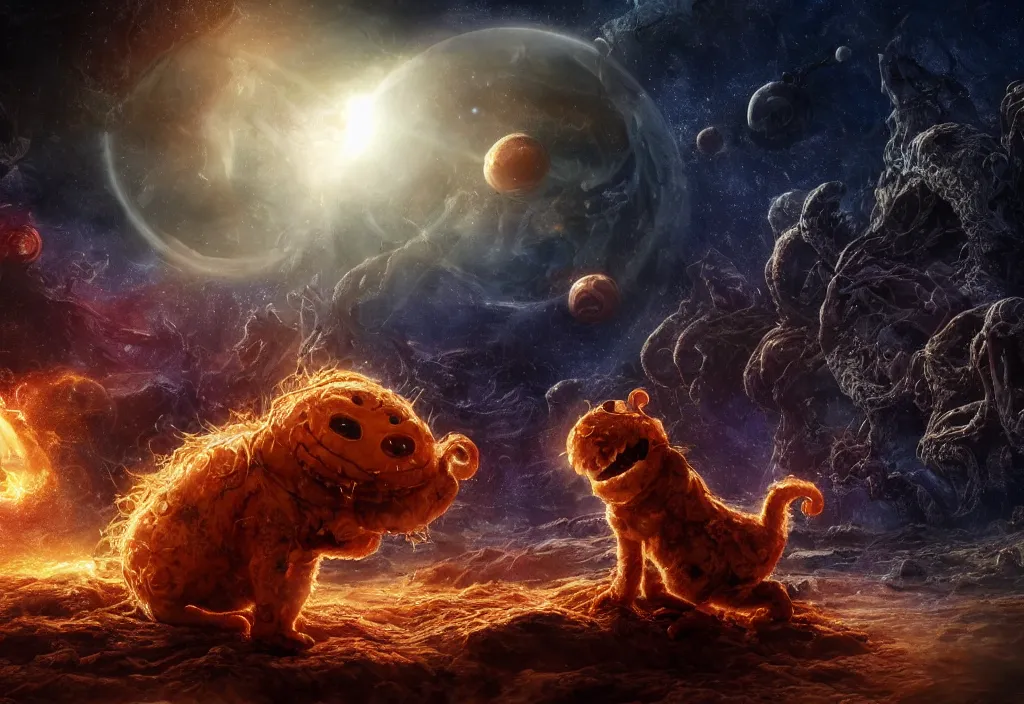 Image similar to eldritch horror bloody garfield in space, hd, 8 k, giant, epic, realistic photo, unreal engine, stars, prophecy, powerful, cinematic lighting, destroyed planet, debris, violent, sinister, ray tracing, dynamic, epic composition, dark, horrific, teeth, grotesque, monochrome drawing, hellscape, death, corpses, foreboding