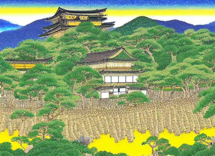 Image similar to japanese yellow fortress in a city inside the arashiyama forest by studio ghibli painting