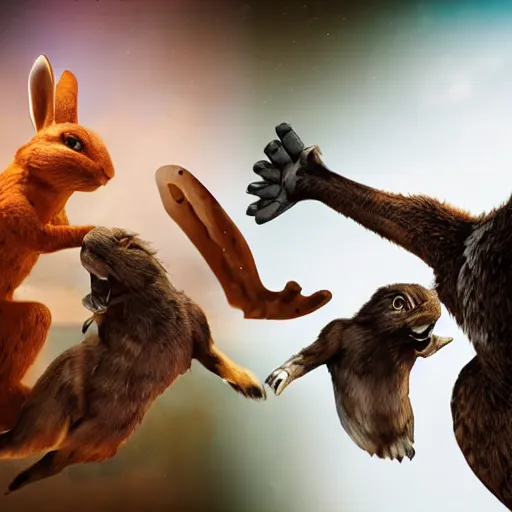 Prompt: intense battle between bipedal bunnies and humanoid eagles