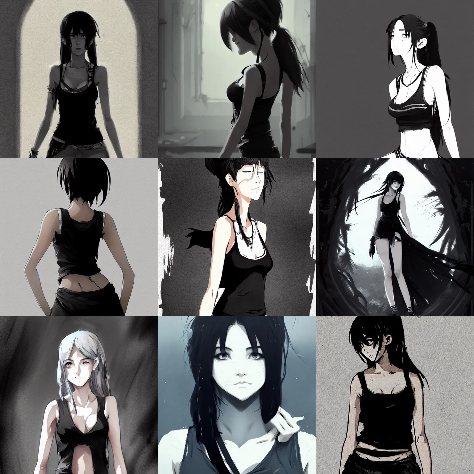 Prompt: beautiful girl, wearing a thin strap tanktop, in the style of greg rutkowski, anime artstyle, intricate, black and white colors