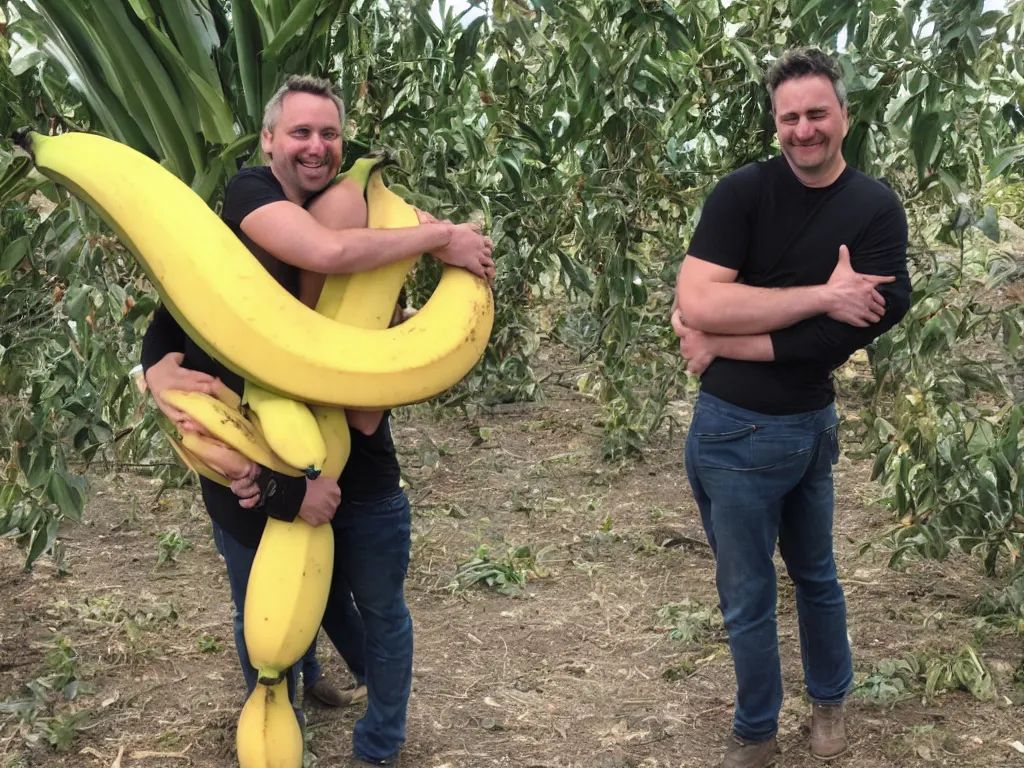 Image similar to a photograph of michael balzary hugging a big banana