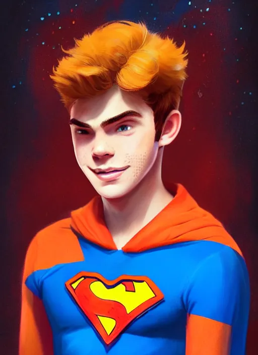 Image similar to friendly teenage archie andrews wearing an orange superhero costume with heart logo, heart, freckles, blue cape, heart emblem on chest, blue cape, intricate, elegant, glowing lights, highly detailed, digital painting, artstation, sharp focus, illustration, art by wlop, mars ravelo and greg rutkowski