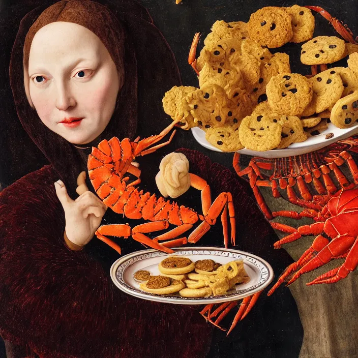 Prompt: a closeup portrait of a horned woman, holding a plate of weird cookies, lobster cookie, shrimp cookie, jellyfish cookie, by jan van eyck