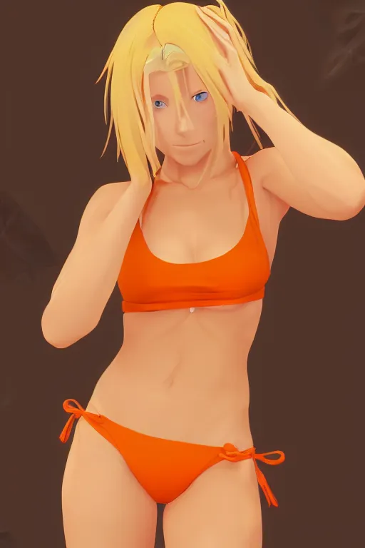 Image similar to beautiful blond woman in orange tribal bikini, blond hair pulled back, by makoto shinkai, 8 k, high resolution render, cinematic, unreal engine, clean lineart and flat color,