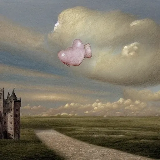 Image similar to A beautiful drawing of a castle in the clouds. rose quartz by Andrea Kowch, by Charles-Francois Daubigny daring