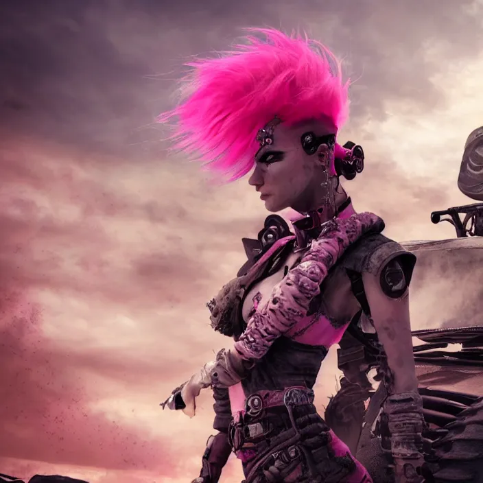 Image similar to beautiful apocalyptic woman with pink Mohawk, posing on mad max panzer tank, 4k ultra hd, fantasy dark art, artstation, octane render