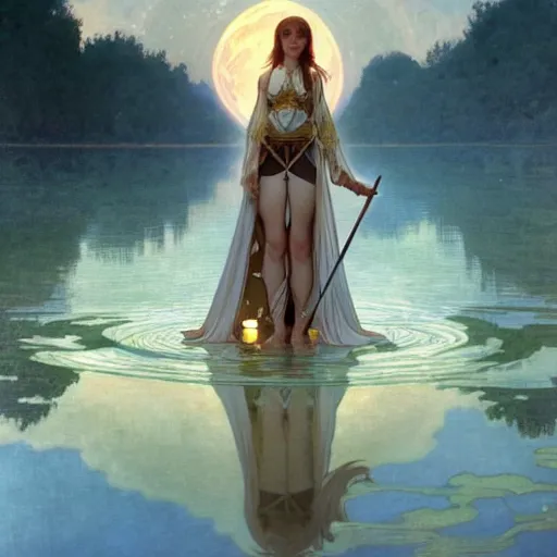 Image similar to a magic sword rising from the middle of a lake under a giant full moon, rippling reflections, romantic, cinematic, intricate, elegant, highly detailed, artstation, concept art, smooth, sharp focus, art by alphonse mucha and Monia Merlo and Raymond Swanland