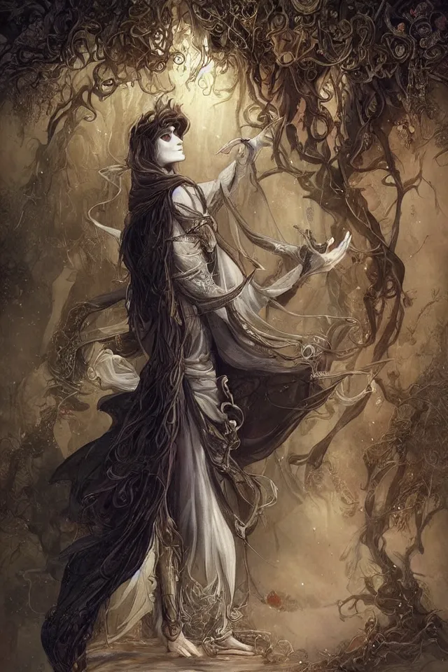 Image similar to thin male royal magician in fantasy long embroidered clothes, voluminous sleeves, long wavy dark hair, pale skin, 19th century fantasy, ethereal, graceful, elegant, highly detailed, intricate, dramatic lighting, art by Peter Mohrbacher, Ivan Bilibin