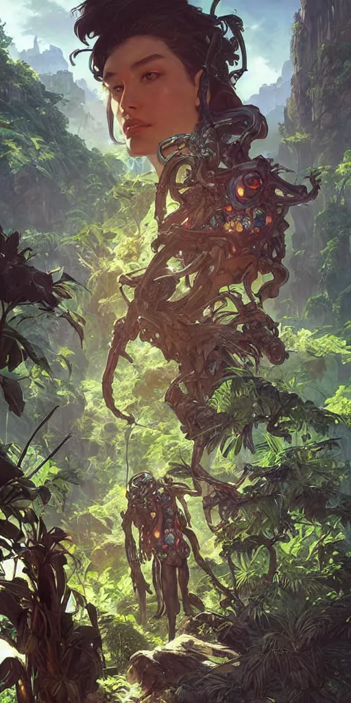 Image similar to an alien jungle landscape, apex legends, epic lighting, sketch illustration, ultra detailed, art by artgerm and greg rutkowski and alphonse mucha