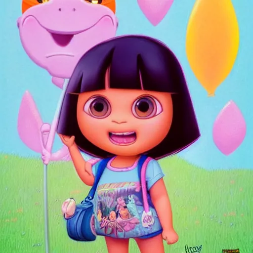 Prompt: dora the explorer as real girl in happy pose, detailed, intricate complex background, Pop Surrealism lowbrow art style, muted pastel colors, soft lighting, 50's looks by Mark Ryden , artstation cgsociety