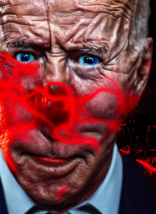 Image similar to hyper realistic ultra realistic horror terror dimensional photo furious glowing red eyes biden, high quality photo, detailed , 8k