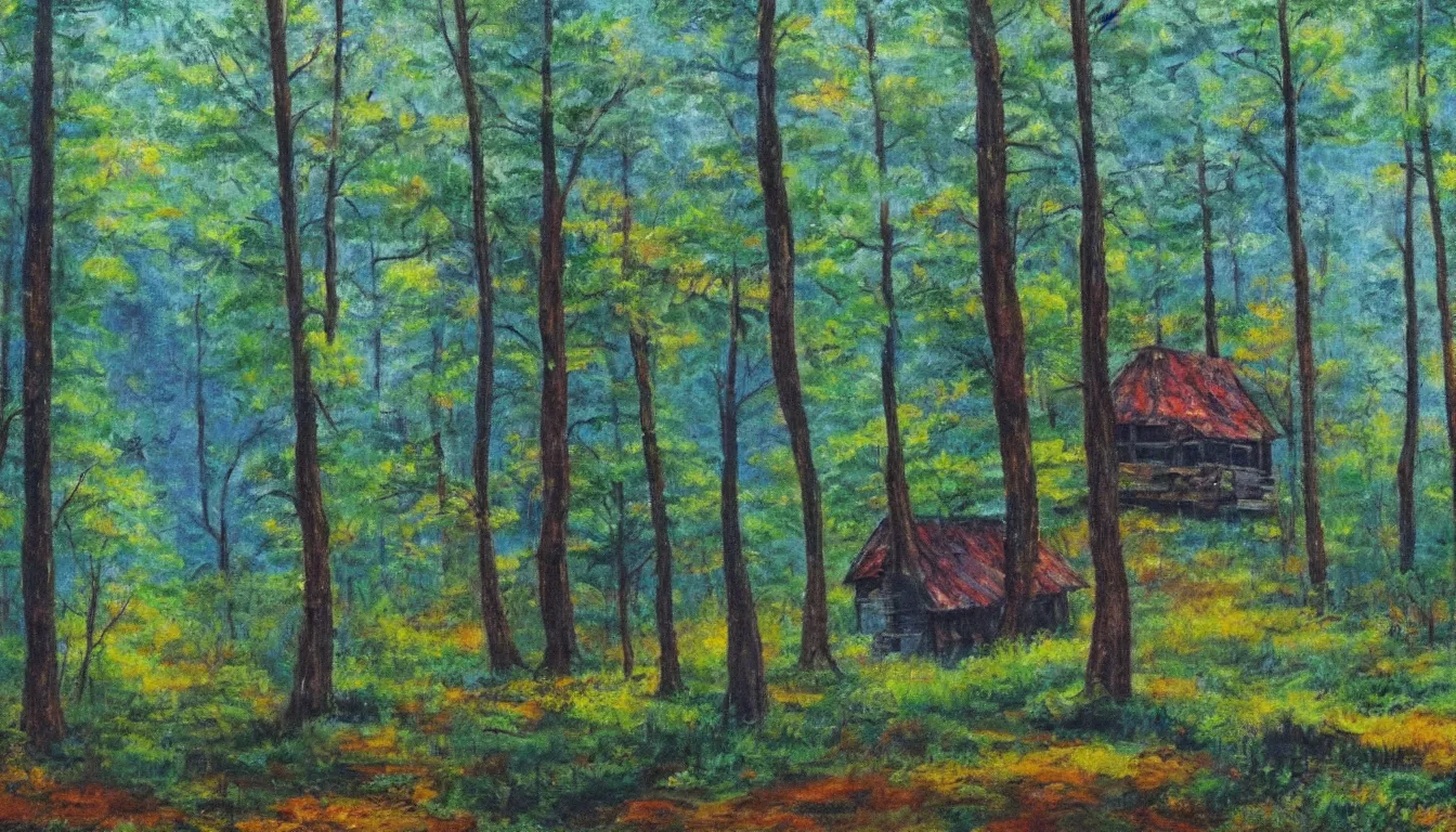 Prompt: a clearing in a forest with a cabin painted by Bob Ross