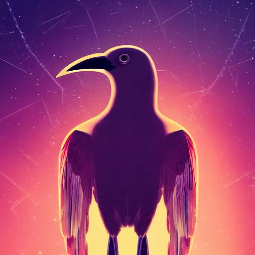 Image similar to portrait from a crow, feathers, bird, avian, wings, synthwave, universe background, nebula, galaxy, artstation