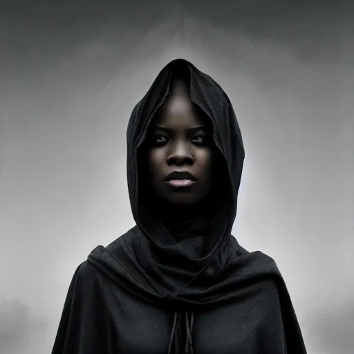 Image similar to a portrait of a young black woman wearing a long dark cloak, hood and shadows covering face, anatomically correct, beautiful perfect face, enigmatic, oil painting, matte painting, black background, Volumetric dynamic lighting, Highly Detailed, Cinematic Lighting, Unreal Engine, 8k, HD, by Beksinski