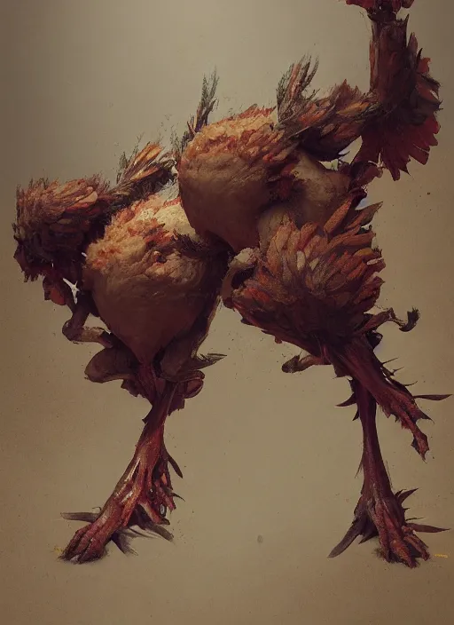 Prompt: two giant chicken legs, greg rutkowski, zabrocki, karlkka, jayison devadas, trending on artstation, 8 k, ultra wide angle, zenith view, pincushion lens effect