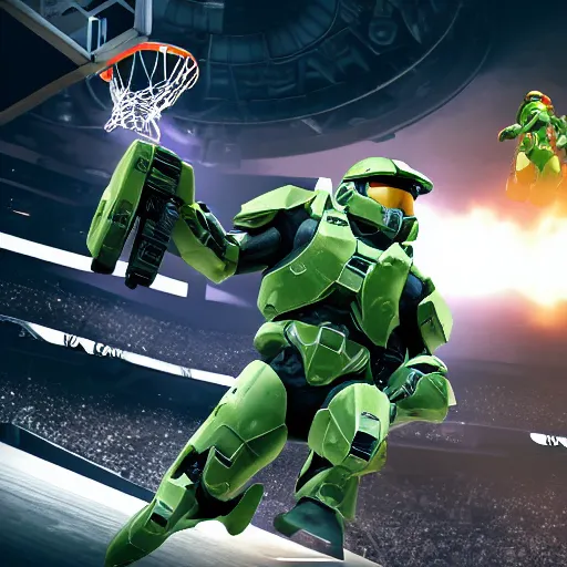 Image similar to master chief slam dunking on a halo grunt, NBA stadium, detailed 8K render