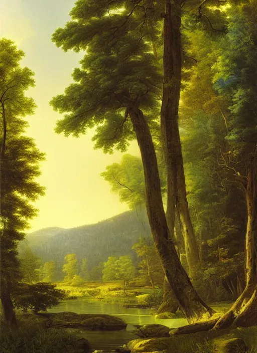 Image similar to a meadow clearing with extremely thin tall trees, spirit of the forest dwells, magically dense, calm serene atmosphere, by asher brown durand, by yoshitaka amano