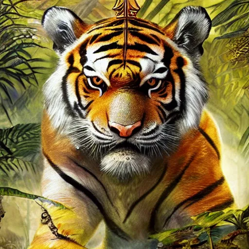 Image similar to a very high detailed tiger crossed with a muscular human body, wearing a very detailed golden kings crown, tattoo on shoulder, in a highly detailed jungle, full body, majestic, symmetric, Golden crown, crown on head, digital art, concept art, greg rutkowski, Nikolai Karelin, Hou China, trending artstation
