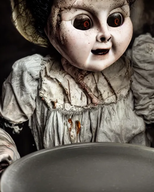 Prompt: film still closeup portrait of a malignant creepy angry grinning confused scary antique filthy victorian porcelain doll with black eyes wearing a dirty dress, very long black hair, sitting at a table eating a plate of rotten food, dimly lit filthy room in an abandoned old asylum at night, 8k octane render, dramatic lighting, volumetric lighting, high contrast, the ring movie, Guillermo del Toro, Craig Mullins, Duane Hanson , Richard Estes, Arney Fretag, vintage photo from 1890