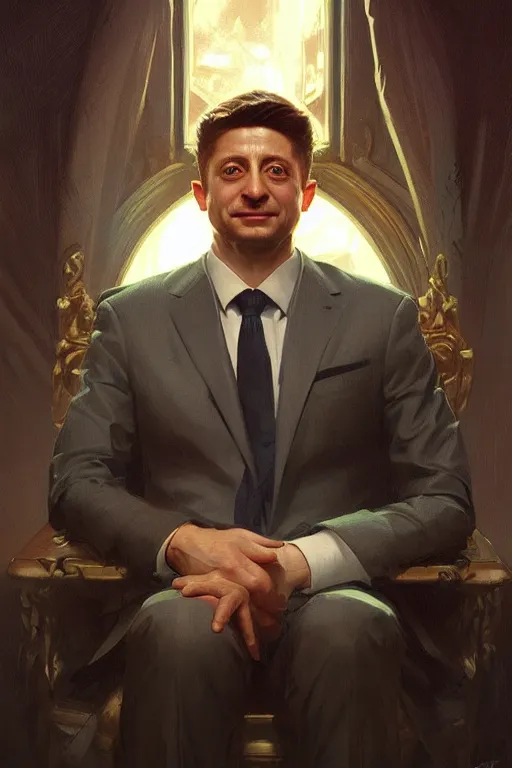 Image similar to zelensky as president, portrait, highly detailed, digital painting, artstation, concept art, smooth, sharp focus, illustration, cinematic lighting, art by artgerm and greg rutkowski and alphonse mucha