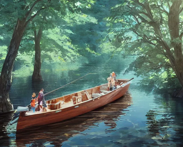 Image similar to a wooden boat with people on it in a very narrow river, trees, shady, ripples, reflections. By Makoto Shinkai, Stanley Artgerm Lau, WLOP, Rossdraws, James Jean, Andrei Riabovitchev, Marc Simonetti, krenz cushart, Sakimichan, trending on ArtStation, digital art.