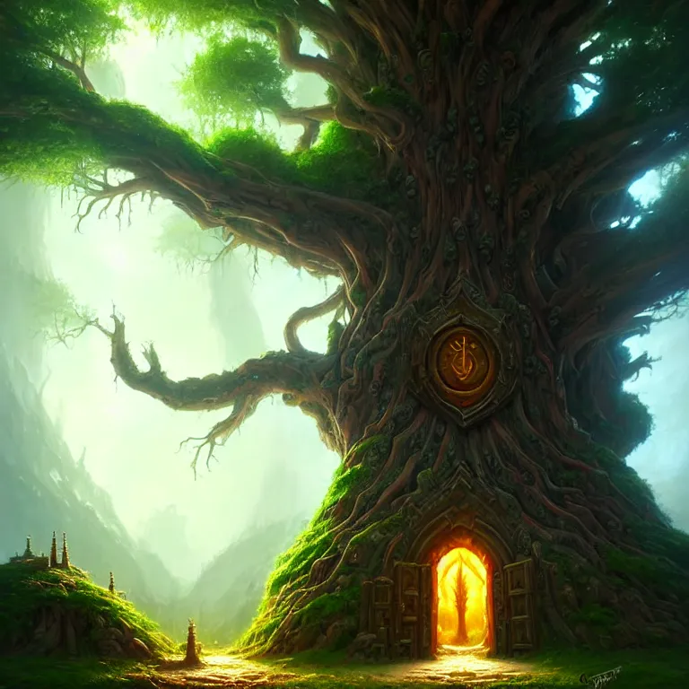 Image similar to a beautiful giant tree growing in the middle of an mysterious giant door carved with symbols, a door is embedded in the tree. godray on plants, fantasy digital art, fantasy style art, fantasy hearthstone art style, fantasy game art by greg rutkowski, darksouls concept art