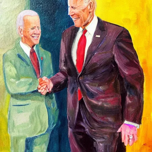 Prompt: Joe Biden shaking the hand of no one, colorful oil painting