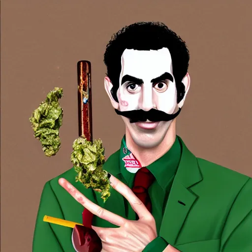 Image similar to Sacha Baron Cohen as borat smoking a giant rolled cannabis cigarette, caricature, smoke, amazing detail, digital art, artstation