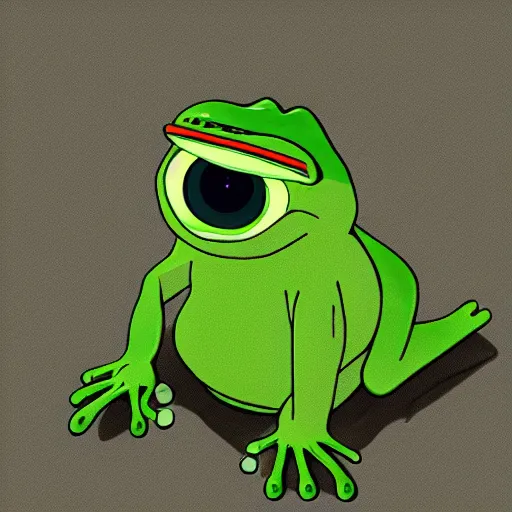 Prompt: high quality portrait of pepe the frog. art by makoto shinkai, crunchyroll, pixiv, danbooru, hd, headshot, cinematic still, detailed anime face, bokeh, digital art, cel shading, vivid colors, ambient lighting