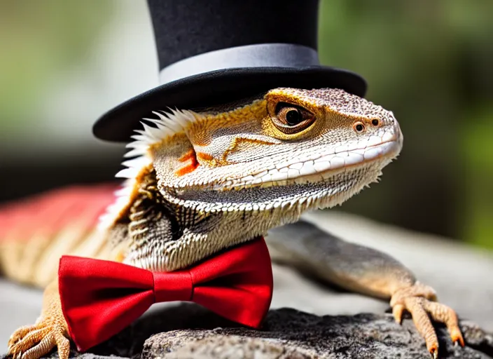 Image similar to dslr portrait still of a bearded dragon wearing a top hat and a red bowtie, 8 k 8 5 mm f 1. 4