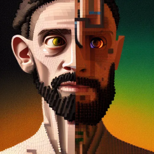 Image similar to Colour Caravaggio and Minecraft style Photography of Highly detailed Man with 1000 years old perfect face with reflecting glowing skin wearing highly detailed sci-fi VR headset designed by Josan Gonzalez. Many details . In style of Josan Gonzalez and Mike Winkelmann and andgreg rutkowski and alphonse muchaand and Caspar David Friedrich and Stephen Hickman and James Gurney and Hiromasa Ogura. Rendered in Blender and Octane Render volumetric natural light