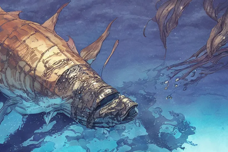 Prompt: a giant sea creature swimming in the deep, high intricate details, rule of thirds, golden ratio, cinematic light, anime style, graphic novel by fiona staples and dustin nguyen, by beaststars and orange, peter elson, alan bean, studio ghibli, makoto shinkai